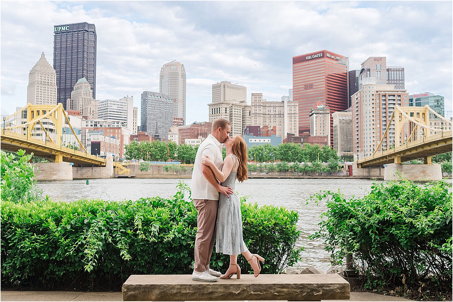 Pittsburgh yellow bridges downtown skyline view engagement photo • Incredible Pittsburgh Yellow Bridges Engagement Photos