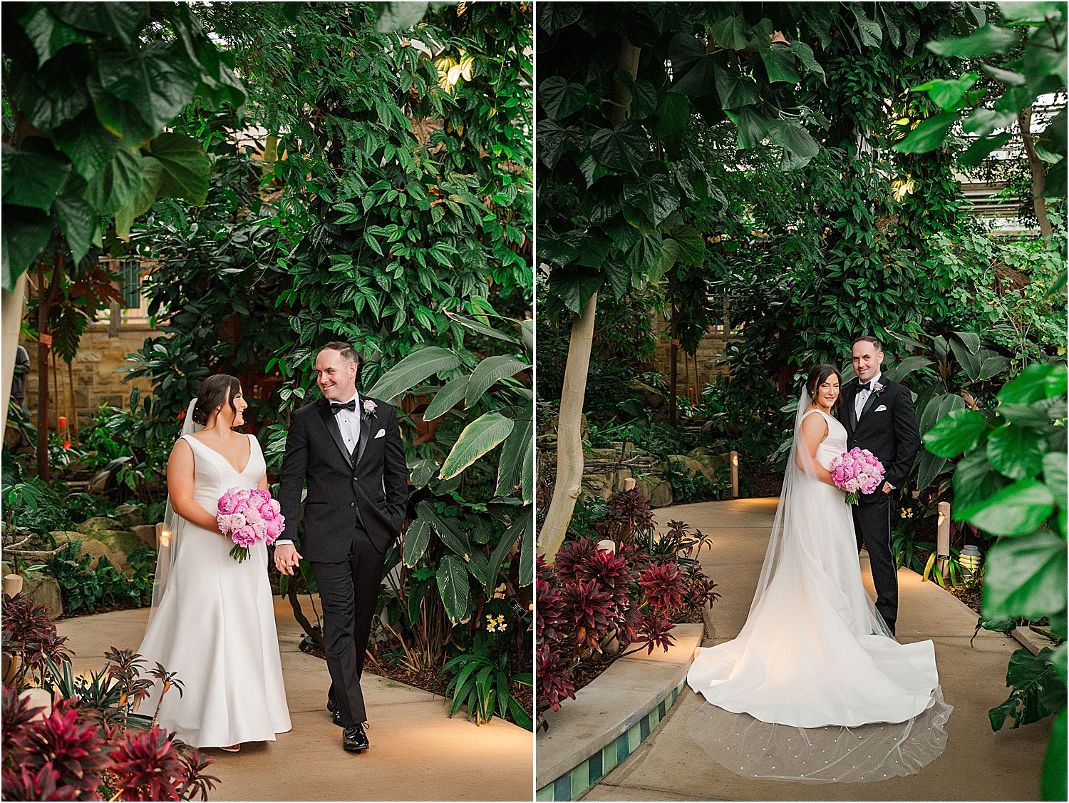 bride and groom in tropical rainforest at phipps conservatory • Wild Weather - Love at a Phipps Conservatory Outdoor Garden Wedding
