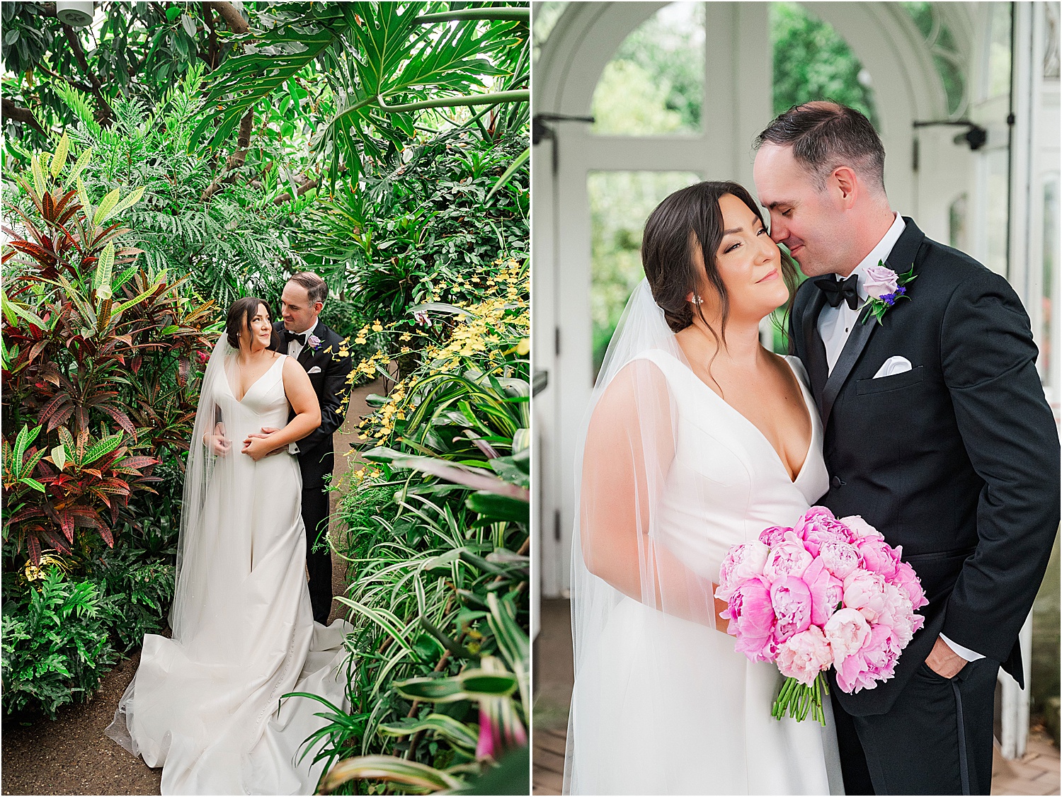 bride and groom in orchid room at phipps conservatory • Wild Weather - Love at a Phipps Conservatory Outdoor Garden Wedding