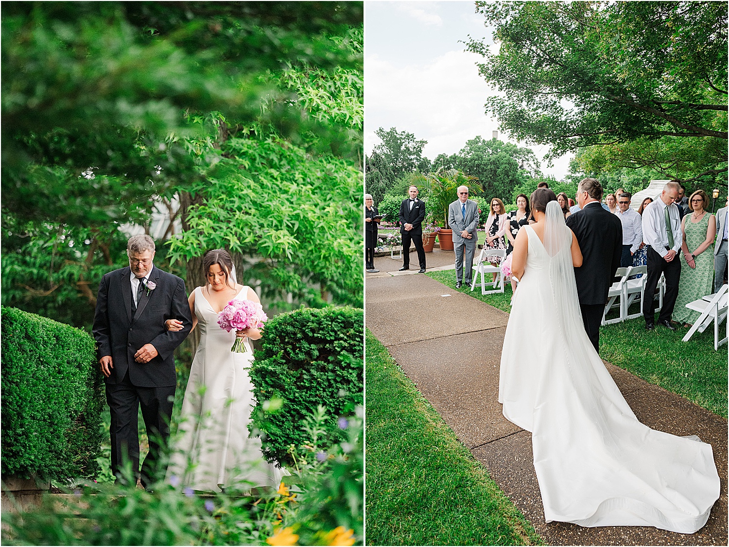 bride entrance into wedding ceremony in phipps outdoor garden • Wild Weather - Love at a Phipps Conservatory Outdoor Garden Wedding