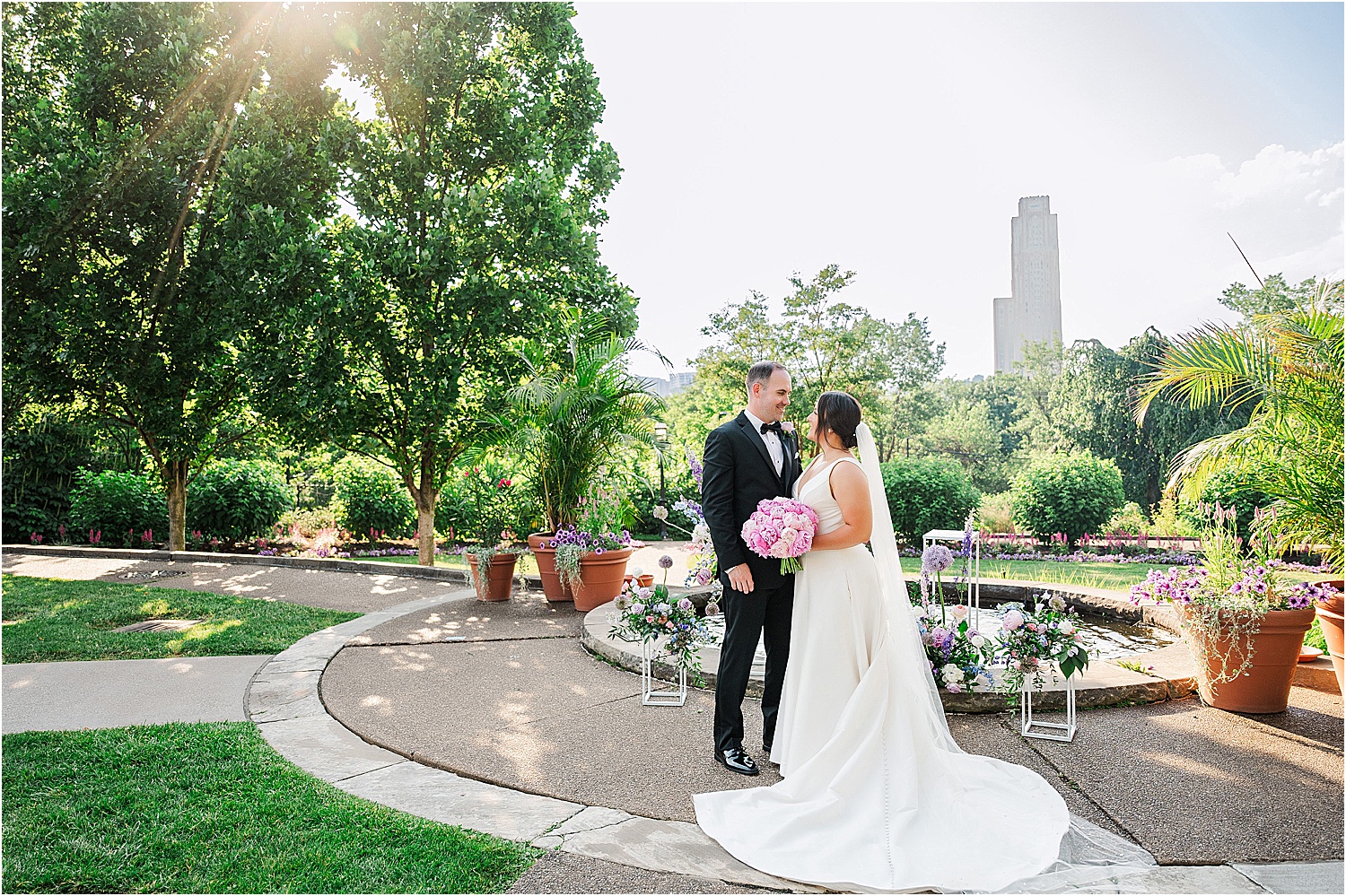 Bride and Groom Phipps Conservatory Outdoor Garden • Wild Weather - Love at a Phipps Conservatory Outdoor Garden Wedding