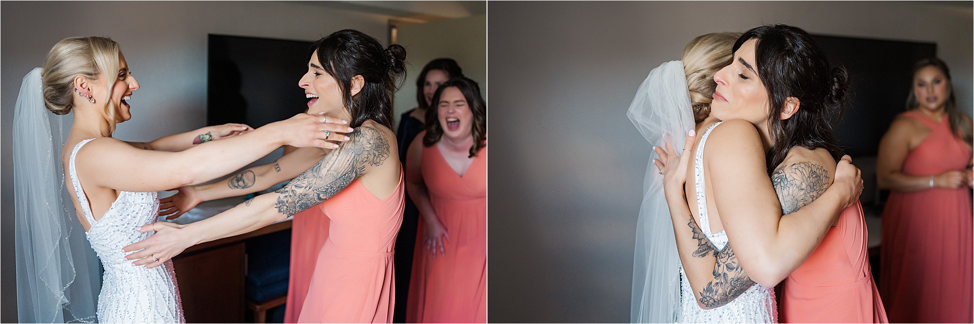 bride and best friend hugging • Soldiers and Sailors Memorial Hall Wedding Photos
