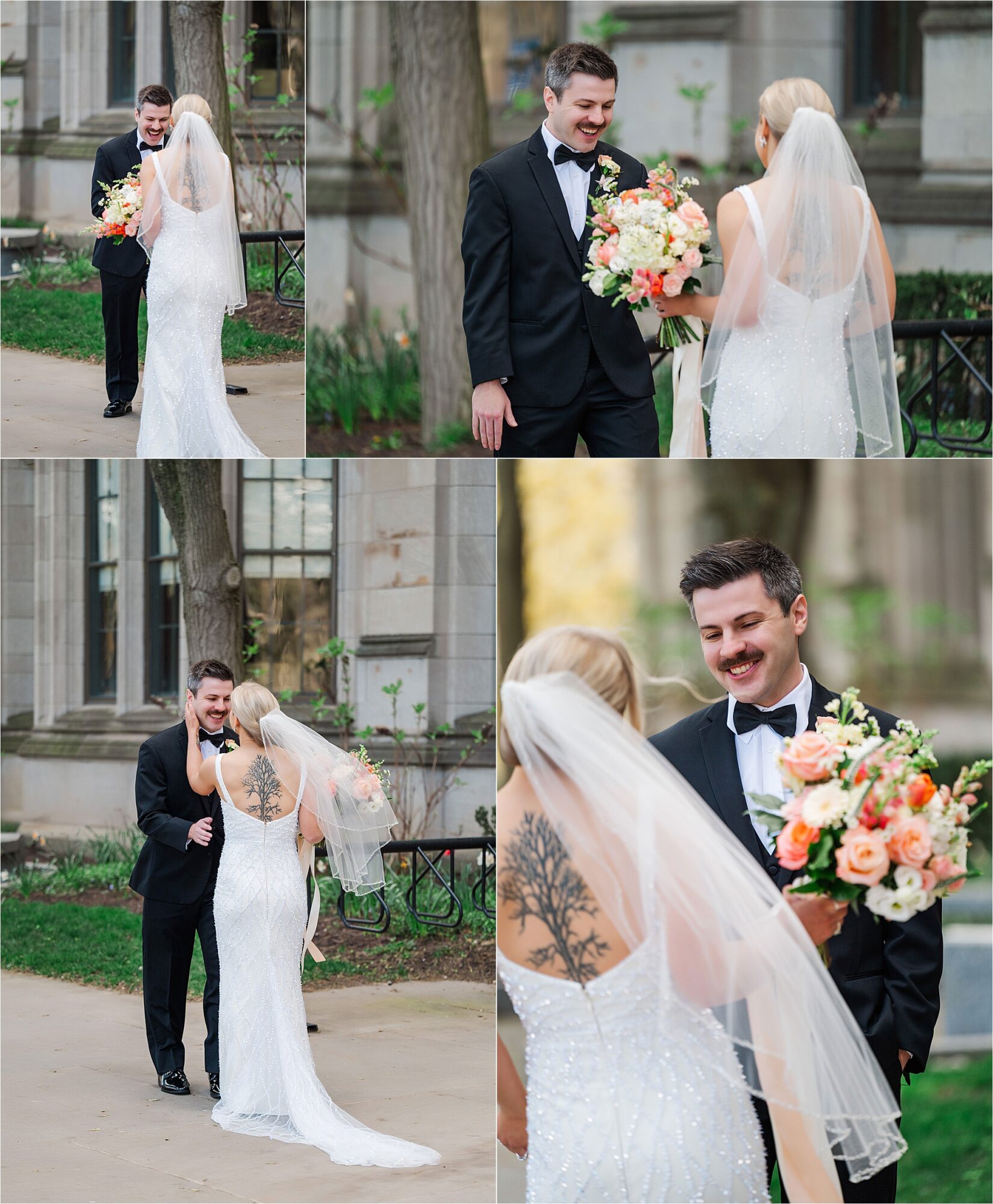 first look outside of cathedral of learning • Soldiers and Sailors Memorial Hall Wedding Photos
