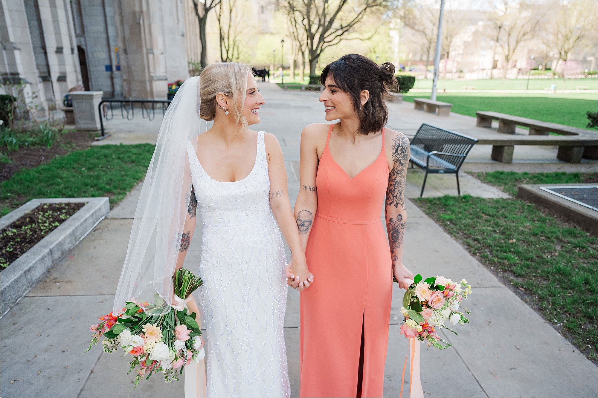 bride and best friend at spring pittsburgh wedding • Soldiers and Sailors Memorial Hall Wedding Photos