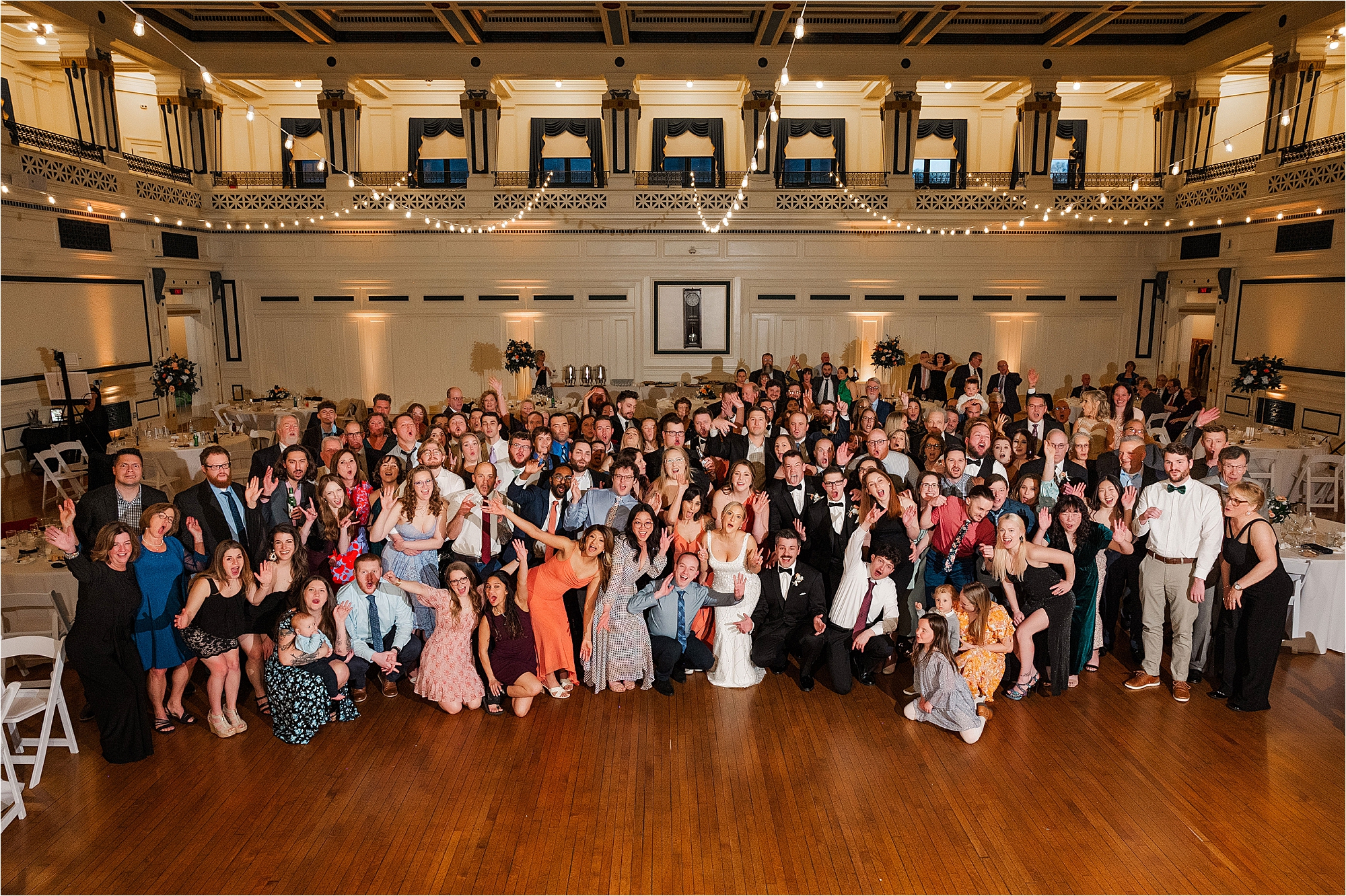 wedding fun group photo at soldiers and sailors hall • Soldiers and Sailors Memorial Hall Wedding Photos