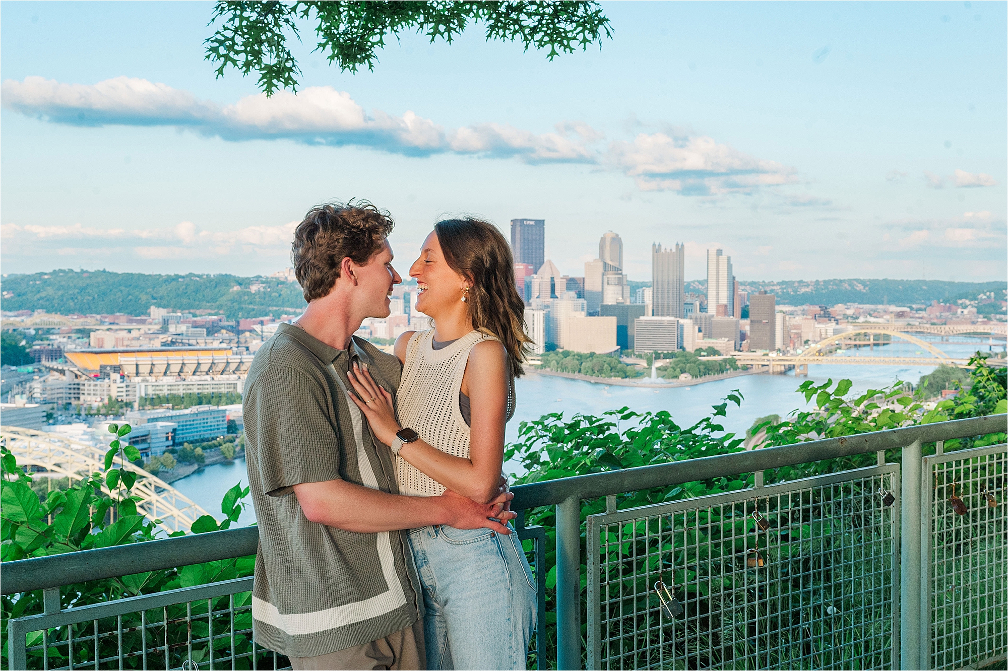 west end overlook engagement photos downtown pittsburgh skyline  • A Surprise Proposal at the West End Overlook