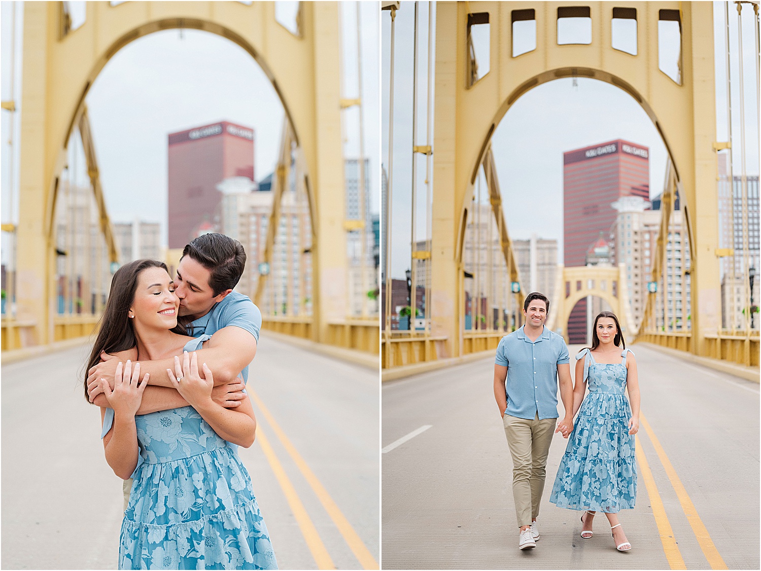 an engaged couple walking down the road on pittsburghs north shore • Iconic Pittsburgh Skyline North Shore Engagement Session