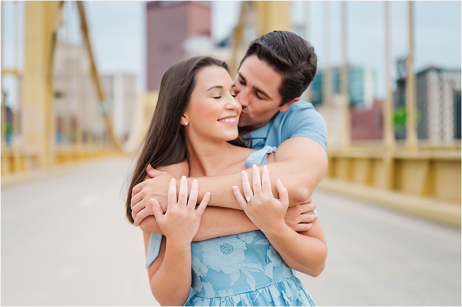 cute engagement photo showing off the ring • Iconic Pittsburgh Skyline North Shore Engagement Session