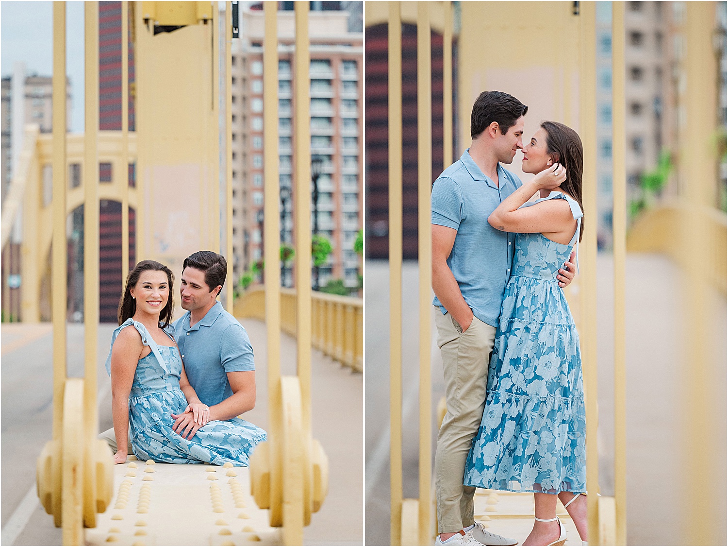 yellow bridges pittsburgh engagement photo • Iconic Pittsburgh Skyline North Shore Engagement Session