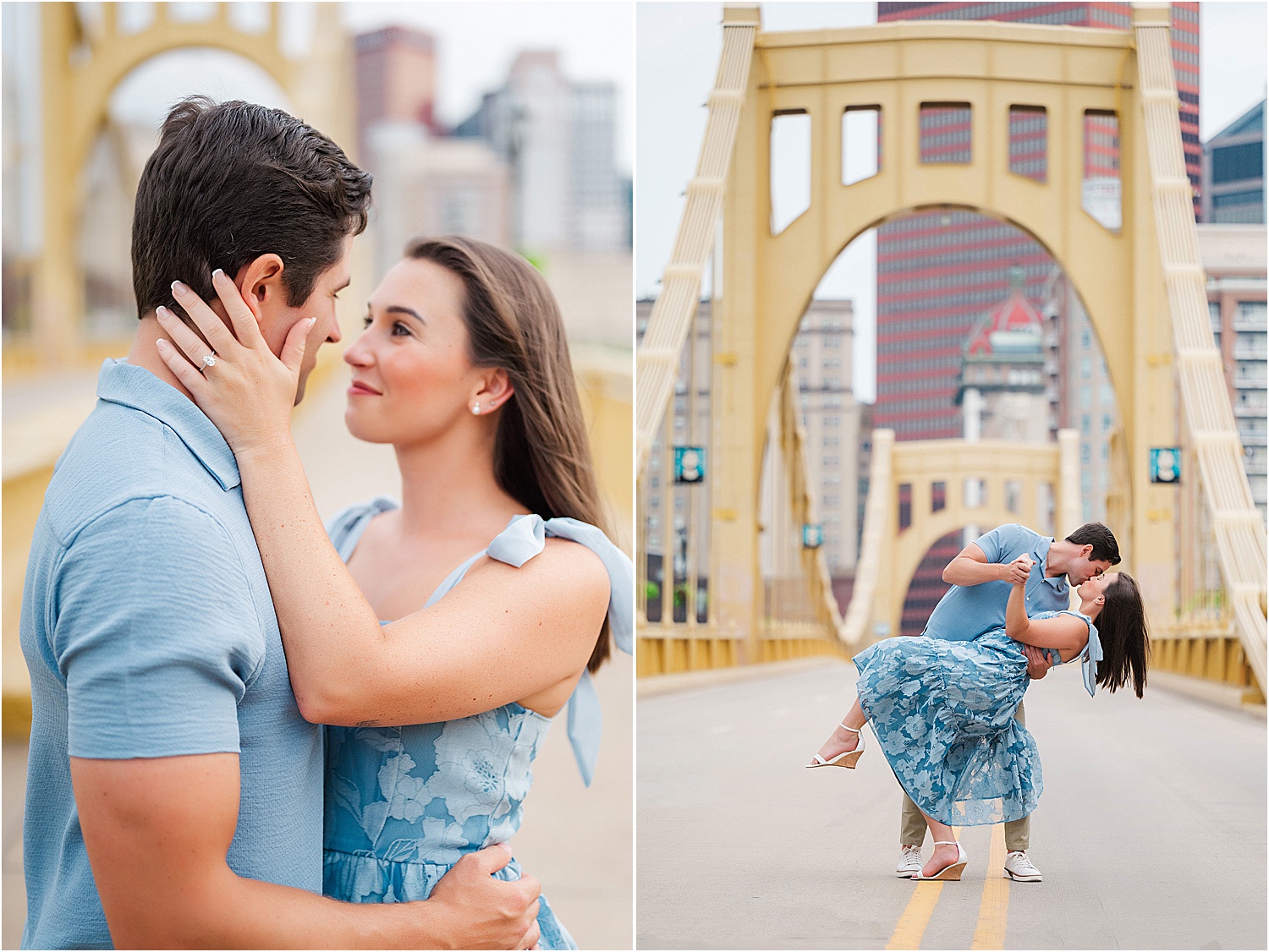 engagement couple on the andy warhol bridge • Iconic Pittsburgh Skyline North Shore Engagement Session